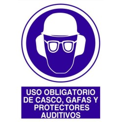 SEÑAL USO OBLIGATORIO DE CASCO, GAFAS Y PROTECTORES AUDITIVOS 297 X 210 mm