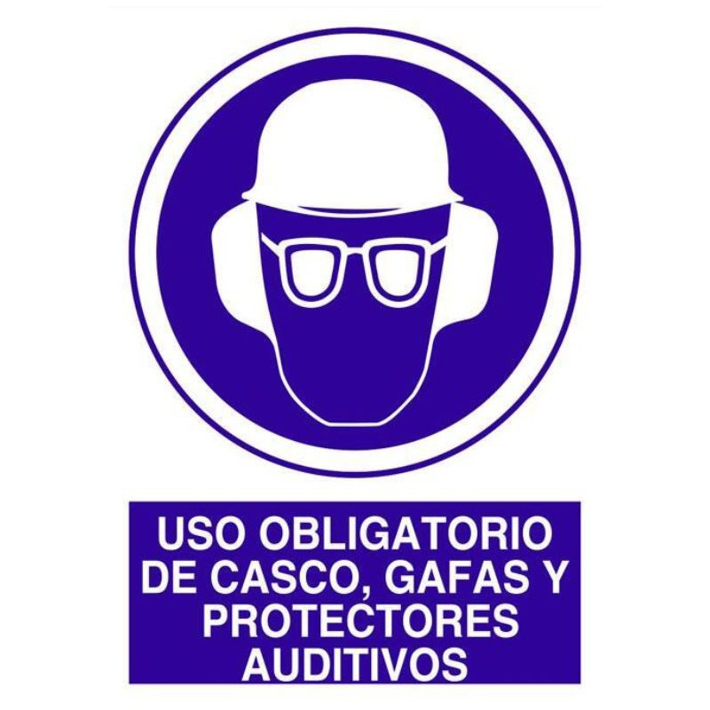 SEÑAL USO OBLIGATORIO DE CASCO, GAFAS Y PROTECTORES AUDITIVOS 297 X 210 mm
