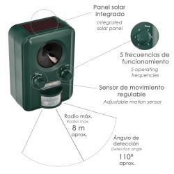Ahuyentador Ultrasonidos Solar Animales con Sensor y LED